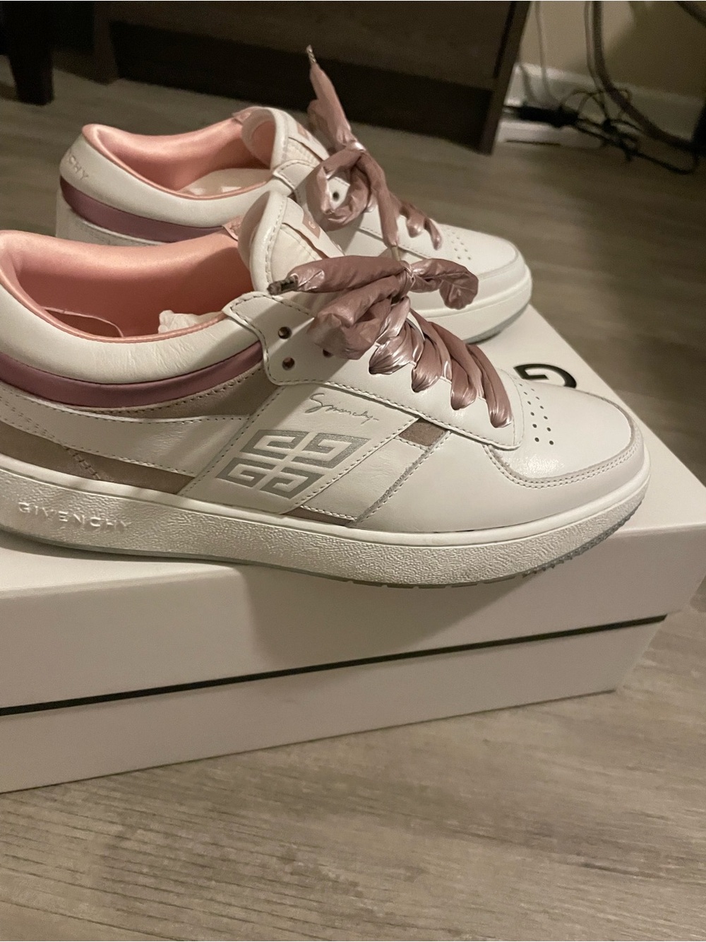 Like New Givenchy White Sneakers with Pink Satin and Suede Accents
